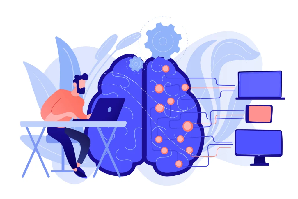 A developer types on a laptop beside a large stylized blue brain diagram with pink neural nodes and circuit-style lines linking to multiple monitors, illustrating machine learning workflows.
