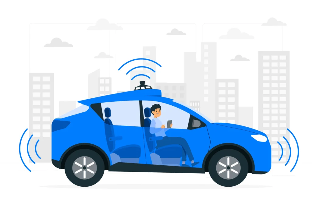 A passenger sits inside a sleek blue driverless car with roof-mounted sensors and signal waves around the vehicle, illustrating machine learning algorithms enabling real-world autonomous driving.