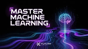 On a sleek black background, bold white text “Master Machine Learning” with neon-purple accents sits beside a glowing purple-blue brain icon emerging from circuit-style lines, symbolizing neural networks and AI.