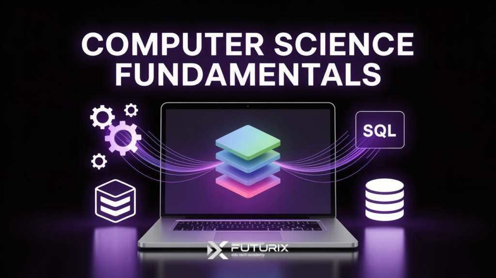Graphic showing layers of CS fundamentals including SQL, data processing, and system design, with a laptop and technical icons representing foundational knowledge for data science.
