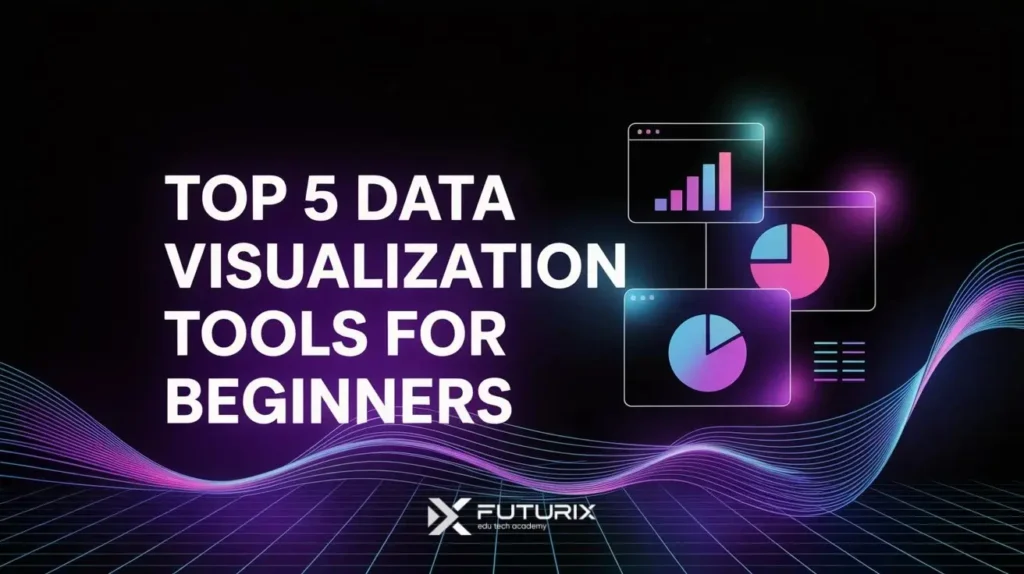 Futuristic-themed blog thumbnail with neon purple and black background featuring graphs and charts, highlighting the top 5 data visualization tools for beginners.