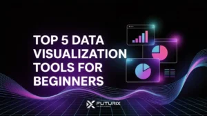 Futuristic-themed blog thumbnail with neon purple and black background featuring graphs and charts, highlighting the top 5 data visualization tools for beginners.