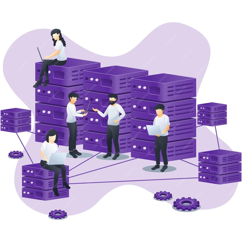 Illustration of data scientists working with interconnected servers, symbolizing core CS fundamentals like databases, SQL queries, and data infrastructure in data science.