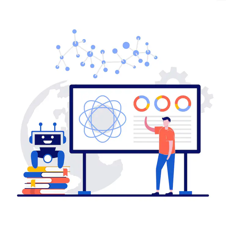 Illustration of a teacher explaining artificial intelligence and machine learning concepts to a robot, highlighting how Augmented Analytics and AutoML improve predictive accuracy and automate data analysis.