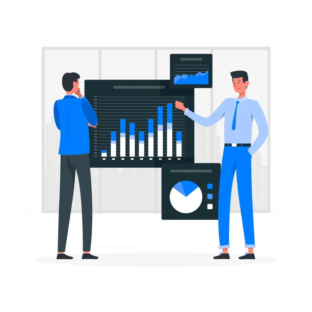 Two professionals collaborating in front of data dashboards, showcasing how Augmented Analytics enhances teamwork between analysts and business users for smarter decision-making.