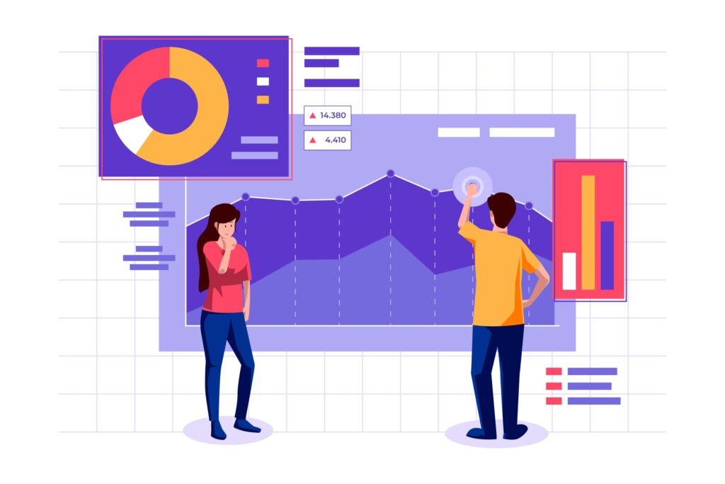 Illustration showing two people interacting with dynamic charts and graphs, representing the power of augmented analytics for data-driven insights.