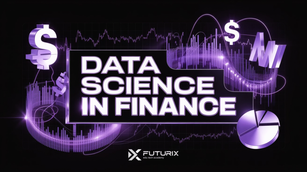 Futuristic banner showing data science for finance with digital graphs, currency symbols, and market analytics in neon purple on a black background