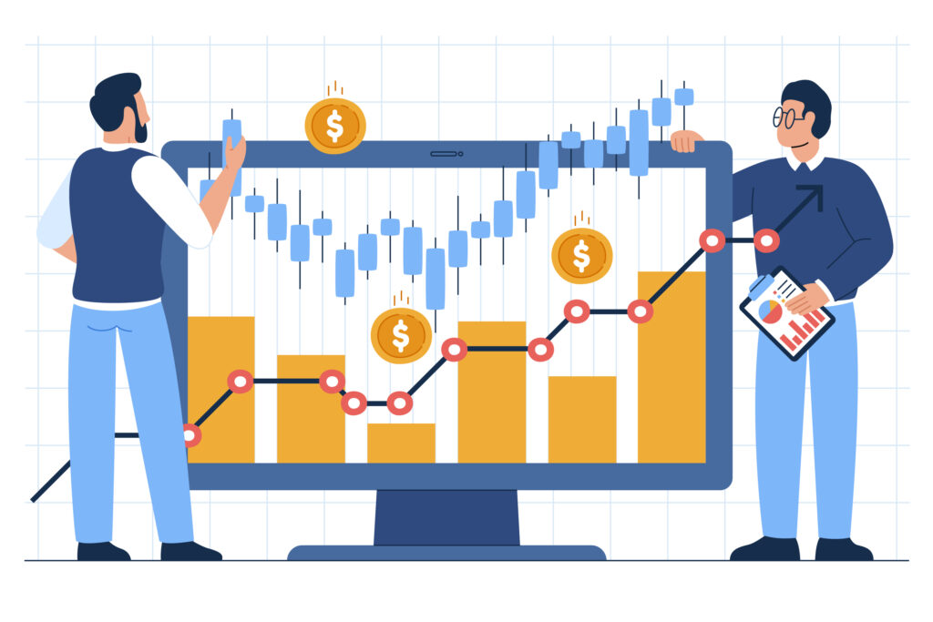 Two analysts using data science for finance to forecast market trends with predictive graphs and financial models on a screen