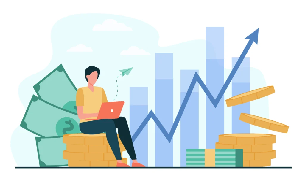 Illustration showing data science for finance with a person analyzing financial trends, coins, and market growth charts