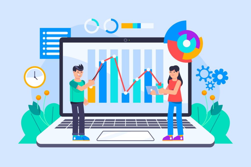 Illustration of people analyzing bar and line graphs on a laptop screen to understand fundamental statistical methods in Statistics in Data Science.