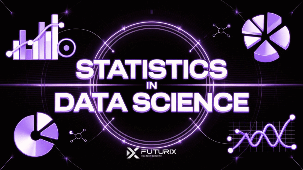 Futuristic neon-style thumbnail showing graphs and pie charts representing Statistics in Data Science concepts for blog cover.