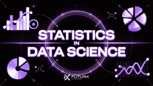 Futuristic neon-style thumbnail showing graphs and pie charts representing Statistics in Data Science concepts for blog cover.