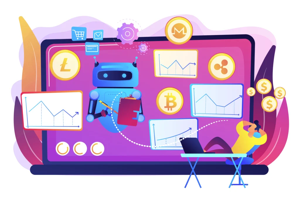 Illustration of the future of data science for finance with AI-powered robots analyzing cryptocurrency and financial trend graphs